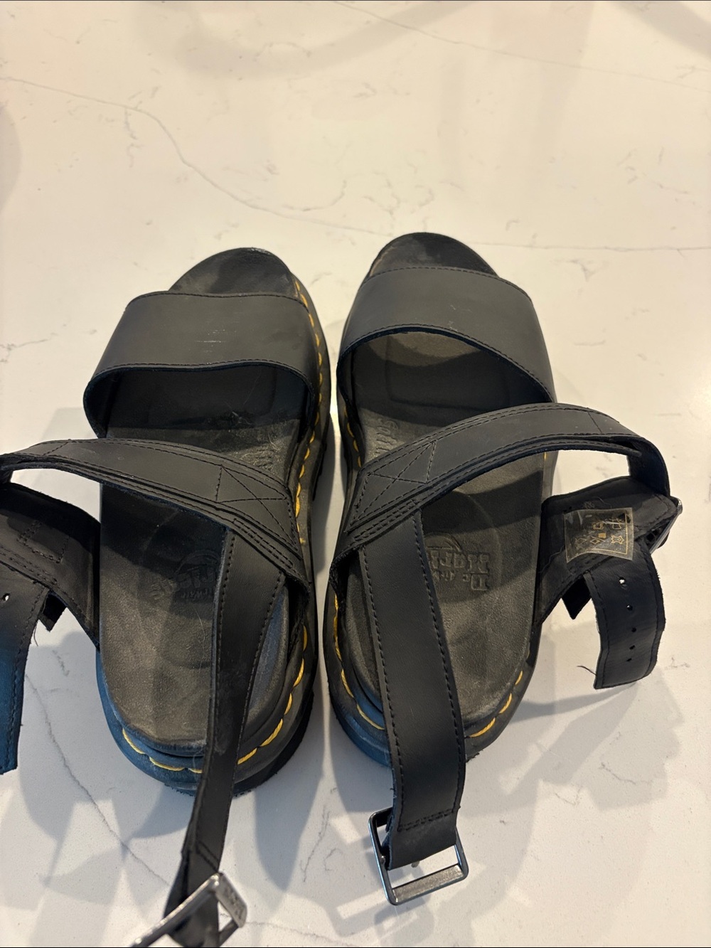 Dr. Martens Black Leather Sandal with Yellow Stitching